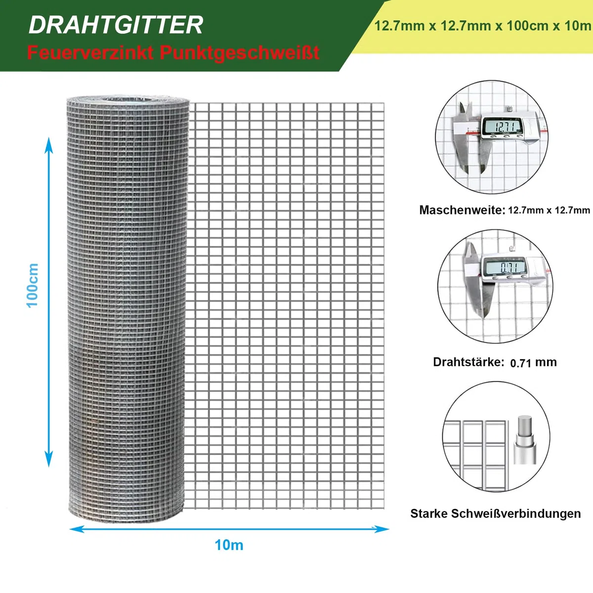 Wühlmausgitter 1m x 10m, Volierendraht 12.7mm x 12.7mm, Maschendraht Drahtgitter verzinkt, Metallgitter als Hasendraht Kaninchendraht Hühnerdraht, 0,7mm