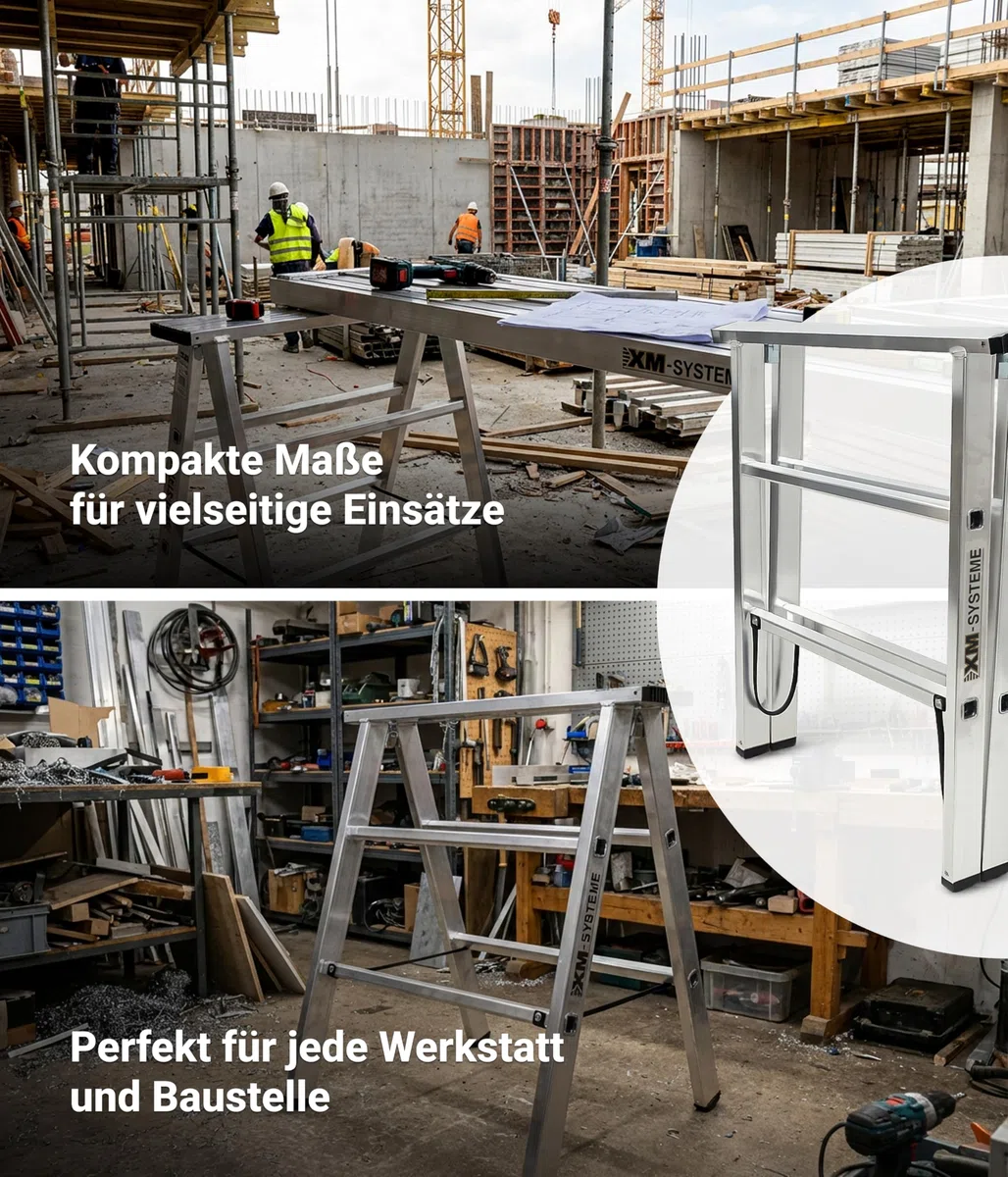 Alu-Montagebock – Stabiler Aluminium-Arbeitsbock für extreme Belastbarkeit bis 230kg – 80cm hoch + 80 cm breit – Perfekt kombinierbar mit Teleskopdiele als flexibles Arbeitspodest