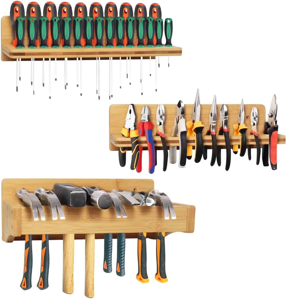 Wandmontiertes Schraubendreherregal, Bambus-Zangenhalter, Hammer-Wandregal, Werkzeugaufbewahrung für Garage, Werkstatt, 3 Stück