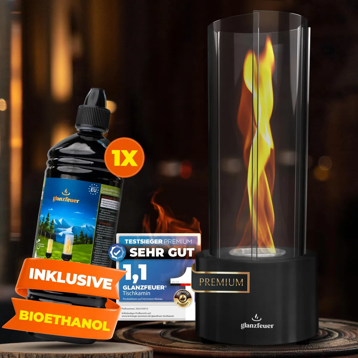 Glanzfeuer Bioethanol Tischkamin Outdoor & Indoor inkl. Bioethanol - Extra Lange Brenndauer mit Wirbelflamme - Tischfeuer Deko - Tisch Kamin Feuer Feuersäule - Garten & Deko Geschenk