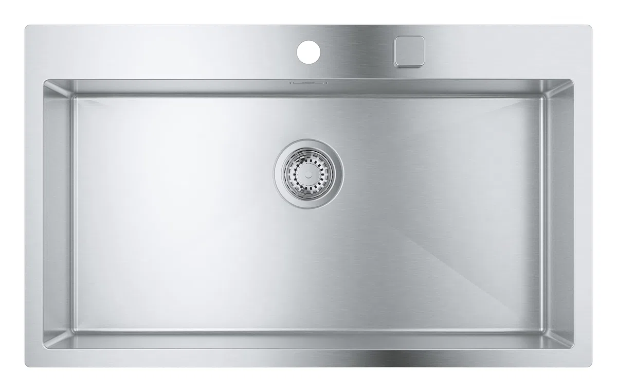 GROHE K800 - Küchenspüle (1 Becken, mit Aufsatz- oder Unterputzmontage, Ausschnitt: 831 x 495 mm, inklusive: Ablaufgarnitur, Siebkorb, Montageset), supersteel, 31584SD1