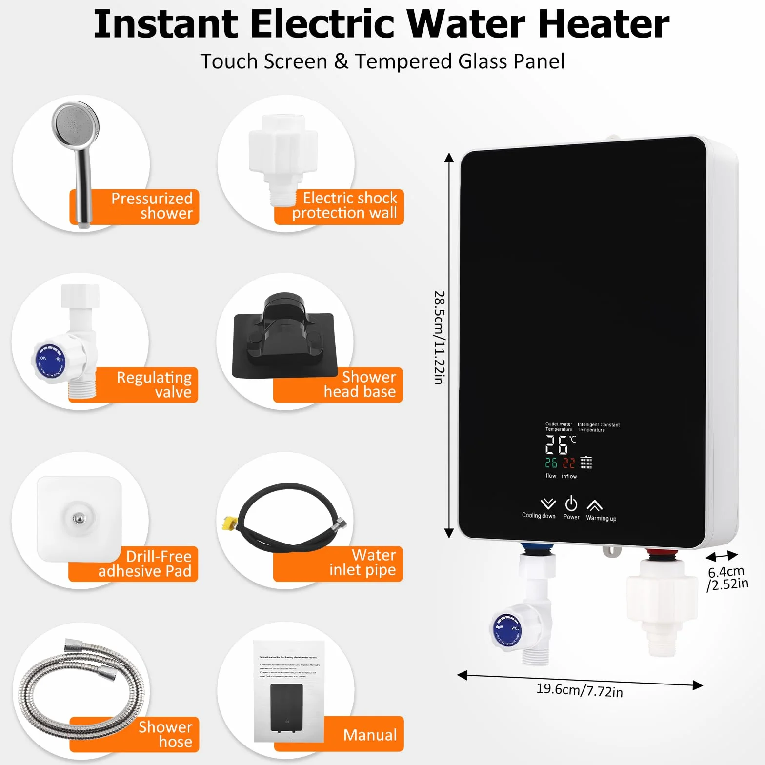Durchlauferhitzer, 5500W 220V Elektrische tankloser Warmwasserbereiter mit LED, Elektronisch Geregelter Warmwasserbereiter Durchlauferhitzer für Dusche, Badezimmer, Küche [Energieklasse A] (Schwarz)