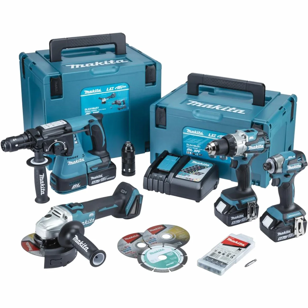Set DHP489 + DTD173 + DHR243 + DGA504 + 3x BL1850 18V 5Ah + 1x DC18RC Makita DLX4195JX1