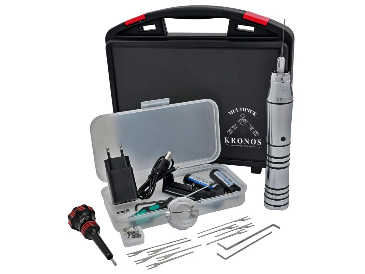 MULTIPICK Kronos Komplettset - [Elektropick] Elektrischer Picker - Lockpicking elektrisch - Elektro lock pick gun - Multipicker Set für viele Schlösser - Electric Multitool Kit - Schlossöffner