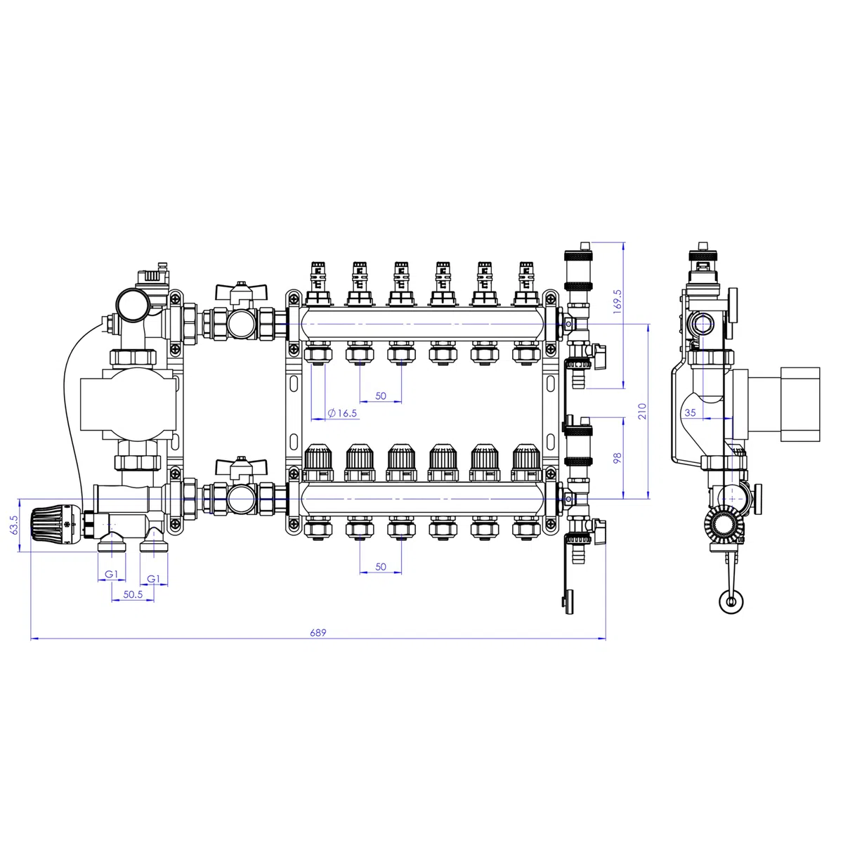 ENVIRON- Heizkreisverteiler [2-12 Heizkreise] mit Festwertregelset, Kugelhahn Set und Schnellentlüfter Set | Hocheffizienzpumpe (Wilo Para 25/6, 6 Heizkreise)