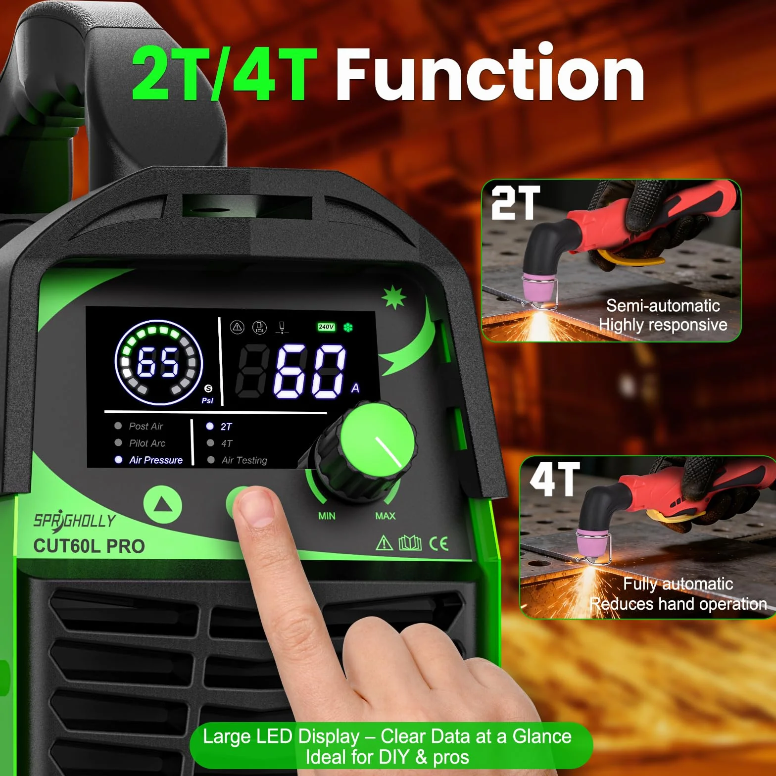 CUT60L PRO – 60A IGBT Plasmaschneider mit Pilotlichtbogen, 240V, 2T/4T – max. Schneiddicke 16 mm, Digital-LED-Display, tragbar