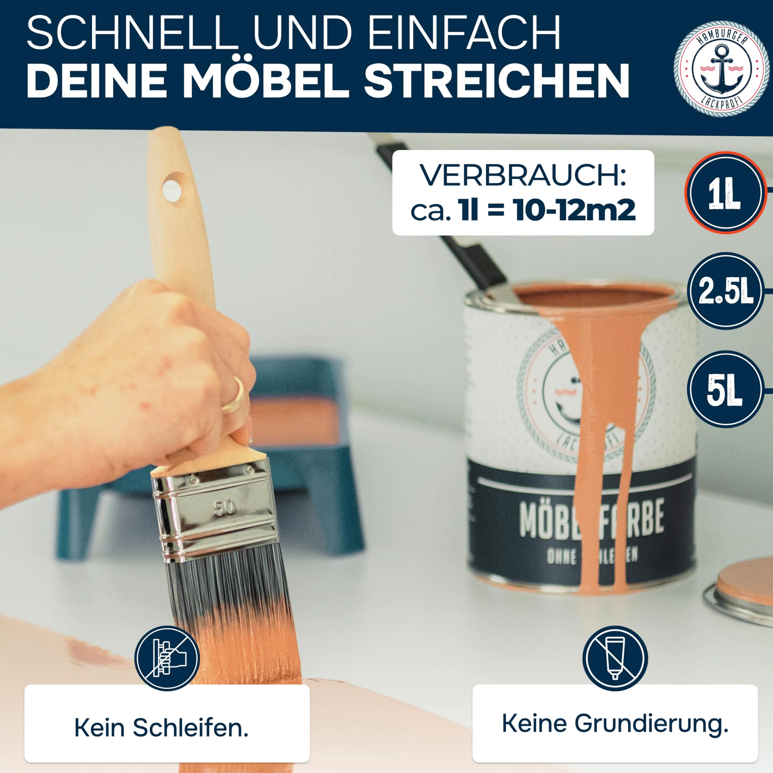 Hamburger Lack-Profi Möbelfarbe ohne Schleifen FARBAUSWAHL - GLANZAUSWAHL Möbellack Holz und Metall - für Innen & Außen (1 L)