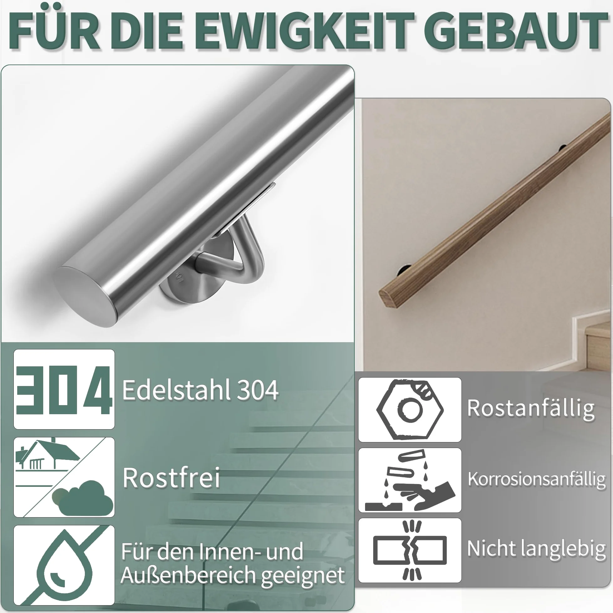 OUUTMEE Handlauf Edelstahl für Treppen 100cm Wandmontiertes Treppengeländer mit Halterungen,rund Ø 42 mm,Innen Außenhandlauf für Dachboden, Veranda, Garage Terrasse