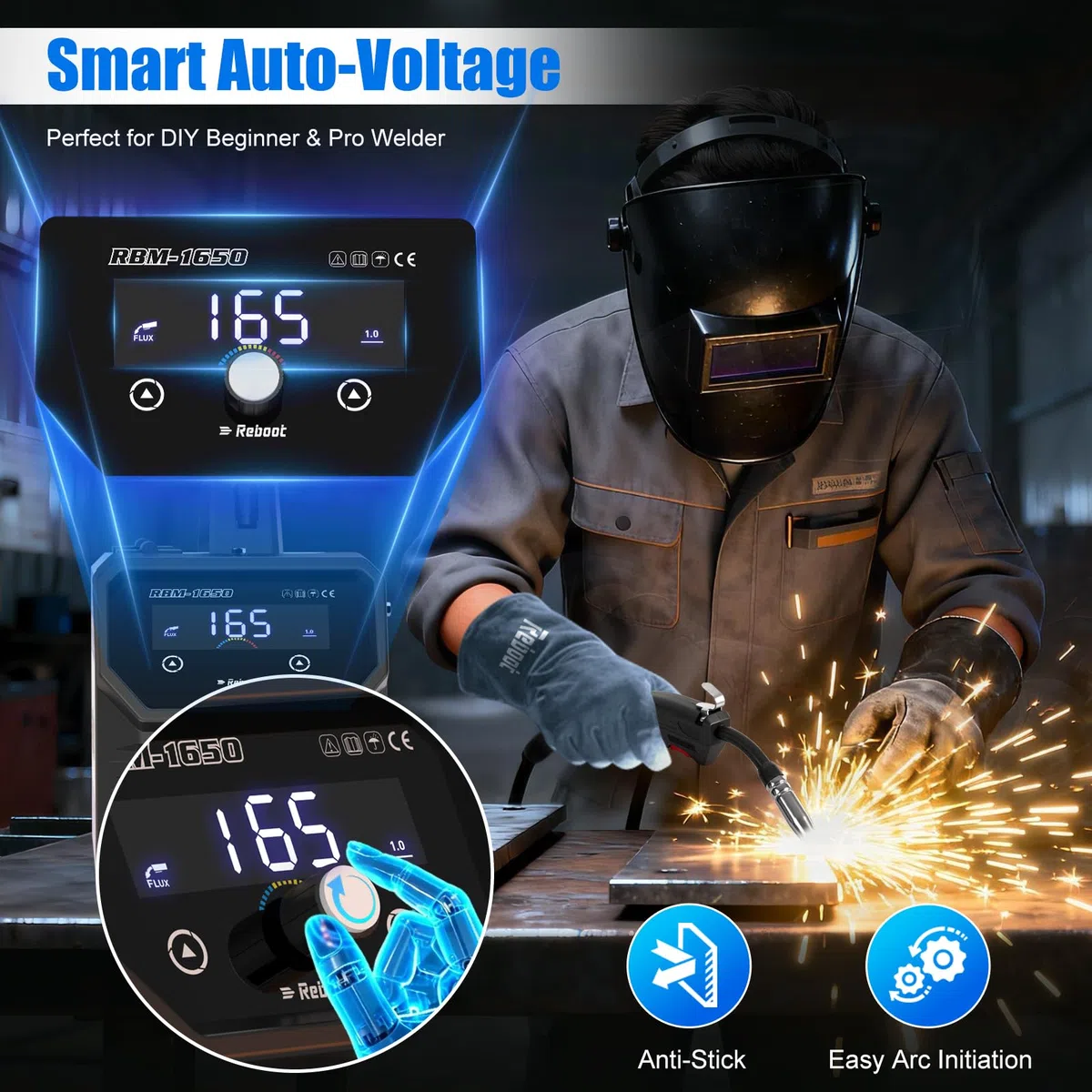 Reboot Schweißgerät 4 in 1 Gas/Gaslos – MIG/MAG/MMA/Lift-TIG Inverter IGBT, 165A Fülldraht Schweißgerät mit 1-Knopf-Synergie & Anti-Stick, LED-Display, ideal für Heimwerker & Kfz-Reparatur