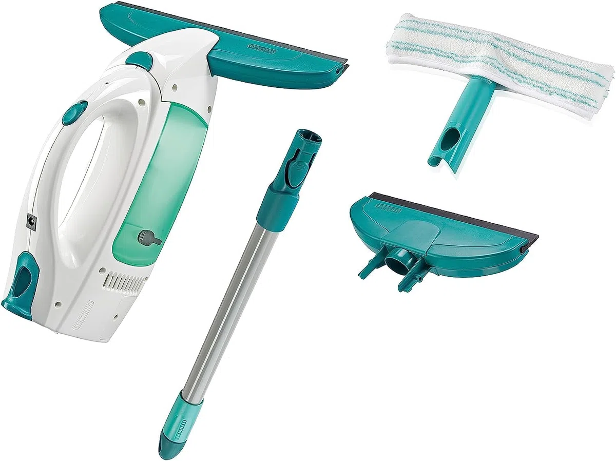 Leifheit Fenstersauger Set Dry & Clean mit Stiel & Einwascher und zweiter Düse für 360° streifenfreie Reinigung, verwendbar bis zu 38 min, Fensterreiniger mit Stand-by-Automatik und Click-System