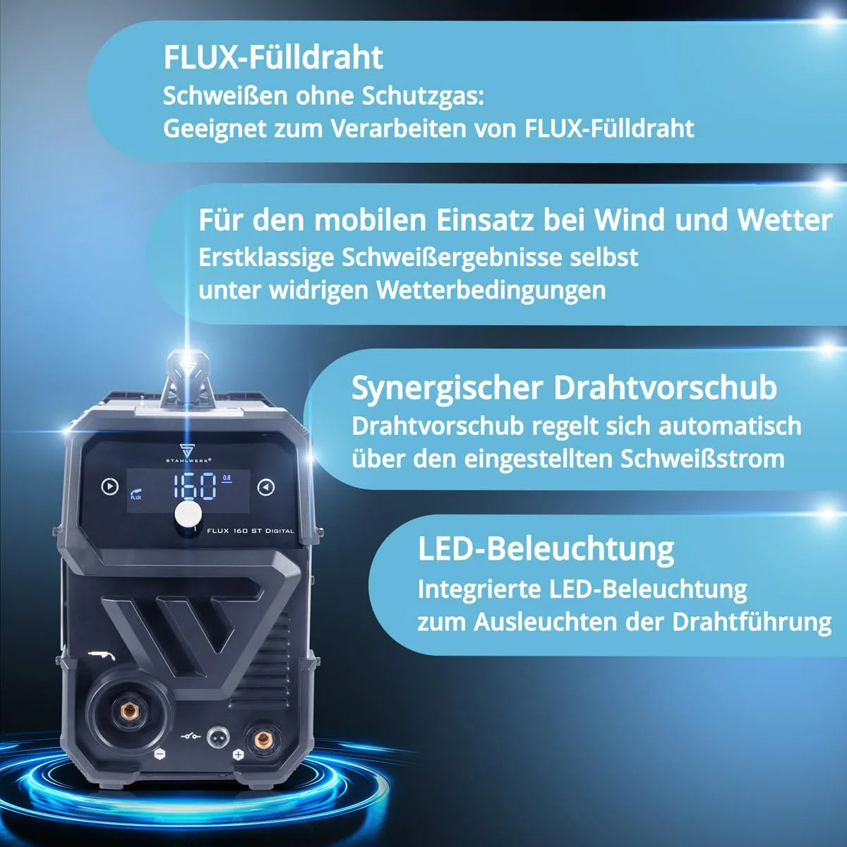 STAHLWERK Schweißgerät FLUX 160 ST Digital – Vollausstattung – 3-in-1 Kombi mit 160 A, Fülldrahtschweißen ohne Schutzgas, MMA (E-Hand/ARC), Lift-TIG (DC), synergischer Drahtvorschub, LED-Licht