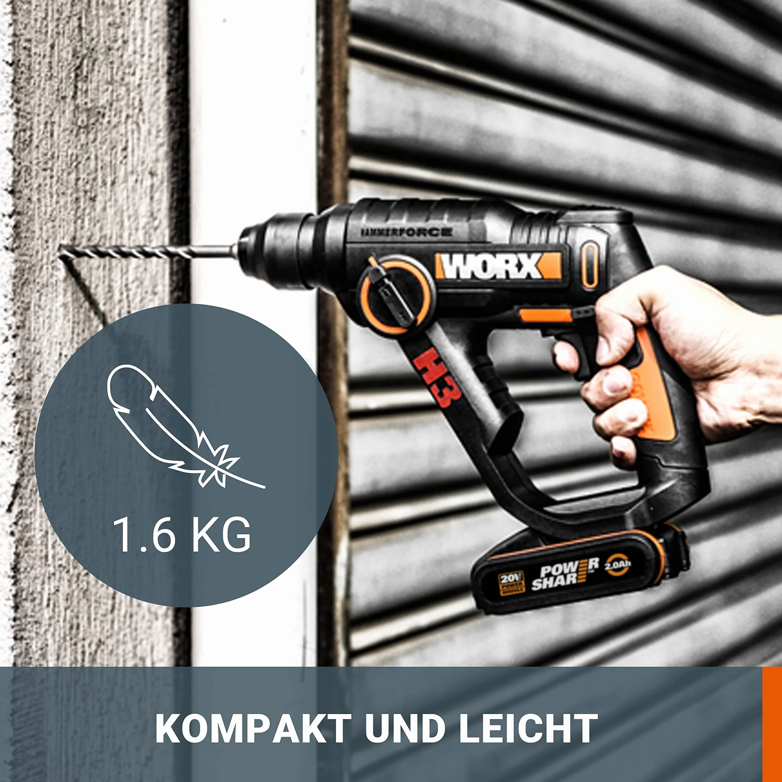 WORX WX390.9 Bohrhammer SDS-plus 20V – Kraftvolle Bohrmaschine mit pneumatischem Hammerwerk & Zweithandgriff - ideal zum Schrauben, Bohren & Hämmern – 1,2J Schlagenergie – Ohne Akku & Ladegerät