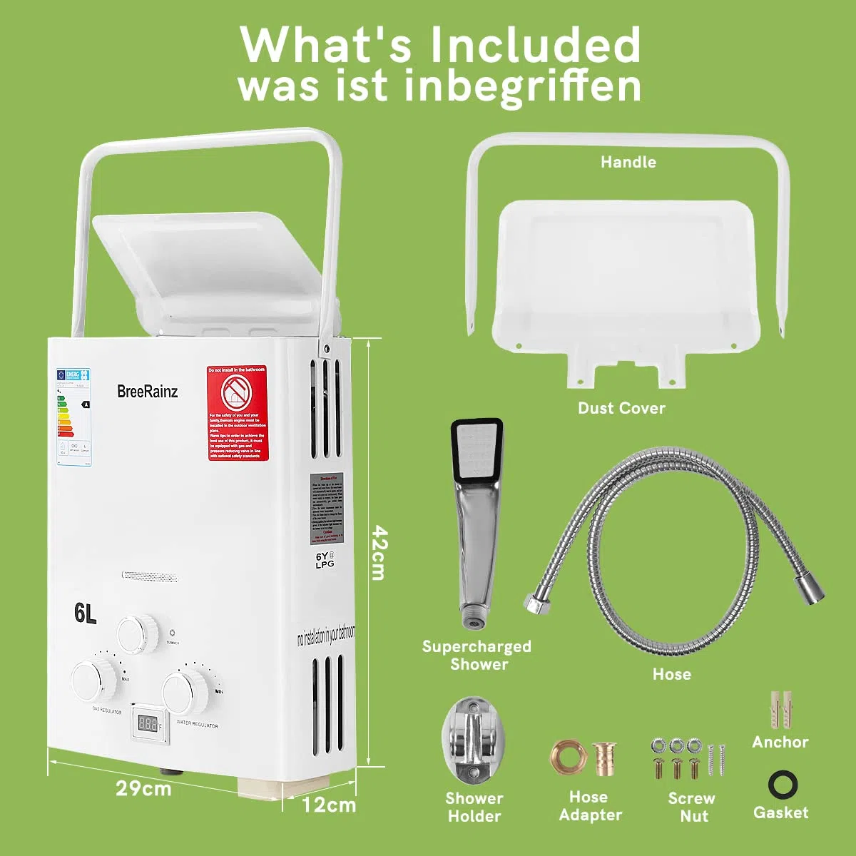 LPG Propan Butan Gas Durchlauferhitzer 6L 12KW, Gasdurchlauferhitzer mit Tragbarem Griff für Outdoor, Wohnmobil, Camping und Kabine, Weiß