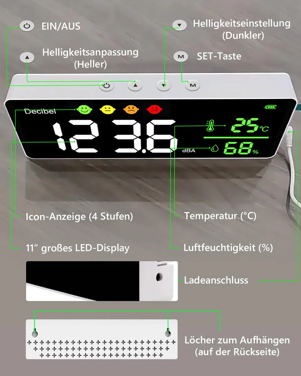 Digitaler Dezibelmessgerät, 3 In 1 Schallpegelmesser Wandbehang Schallpegelmessgerät mit Temperatur & Feuchtigkeits, 30~130dB, 11" Große LED Bildschirm, für Zuhause, Babyzimmer, Bibliothek