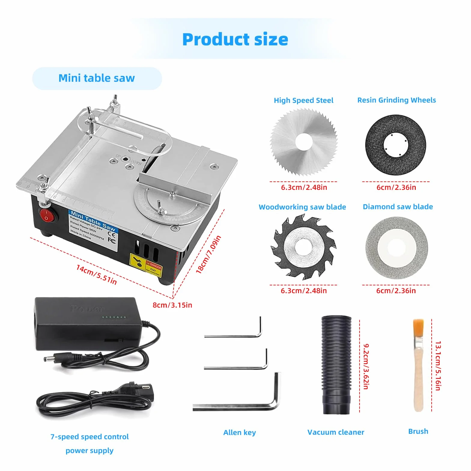 Tischkreisäge mit 4 Klingen, 7-Gang-Netzteil Einstellbarer, Tischkreissäge Klein Tragbare Präzisions, Table Saw Blade 0,1-15mm Sägeblatt Hönverstellbarer, Mini Tischkreisäge für DIY-Holz