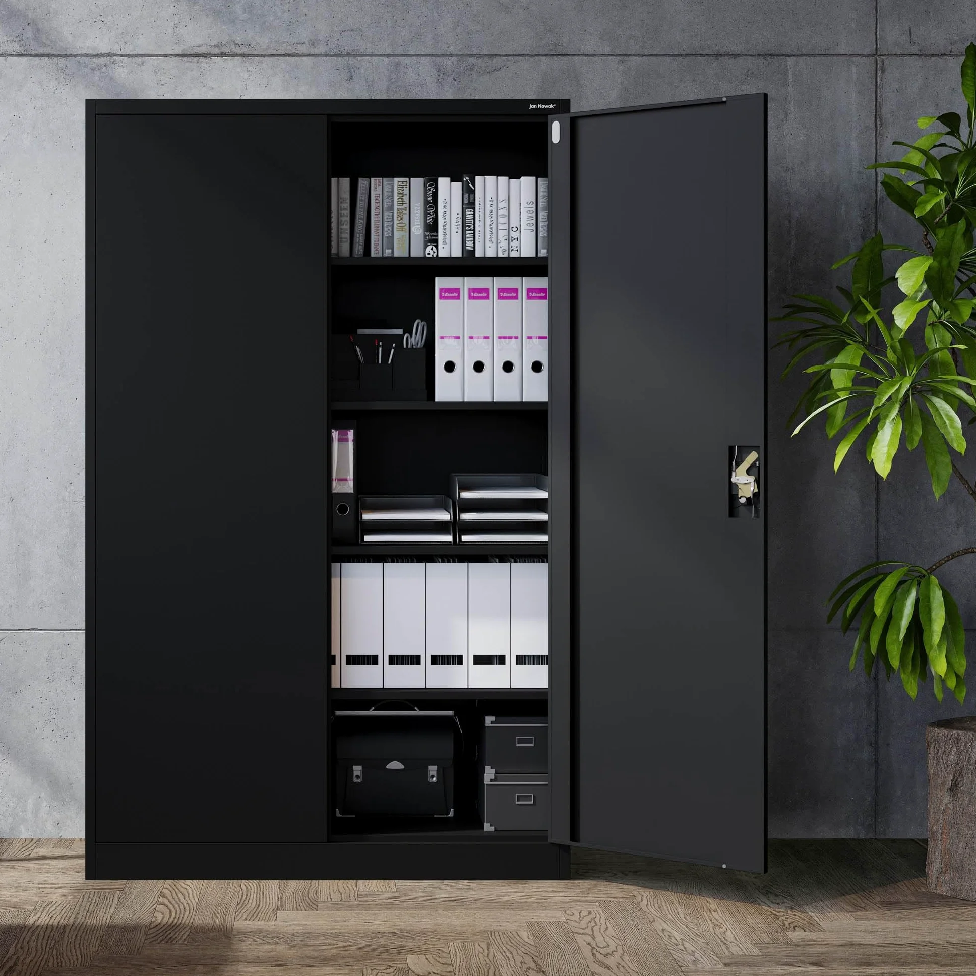 Jan Nowak Metallschrank Jan II 185 x 115 x 40 cm - Aktenschrank abschließbar mit 2 Türen, Mehrzweckschrank mit 5 Ebenen, Büroschrank aus Stahlschrank mit Pulverbeschichtung - Schwarz