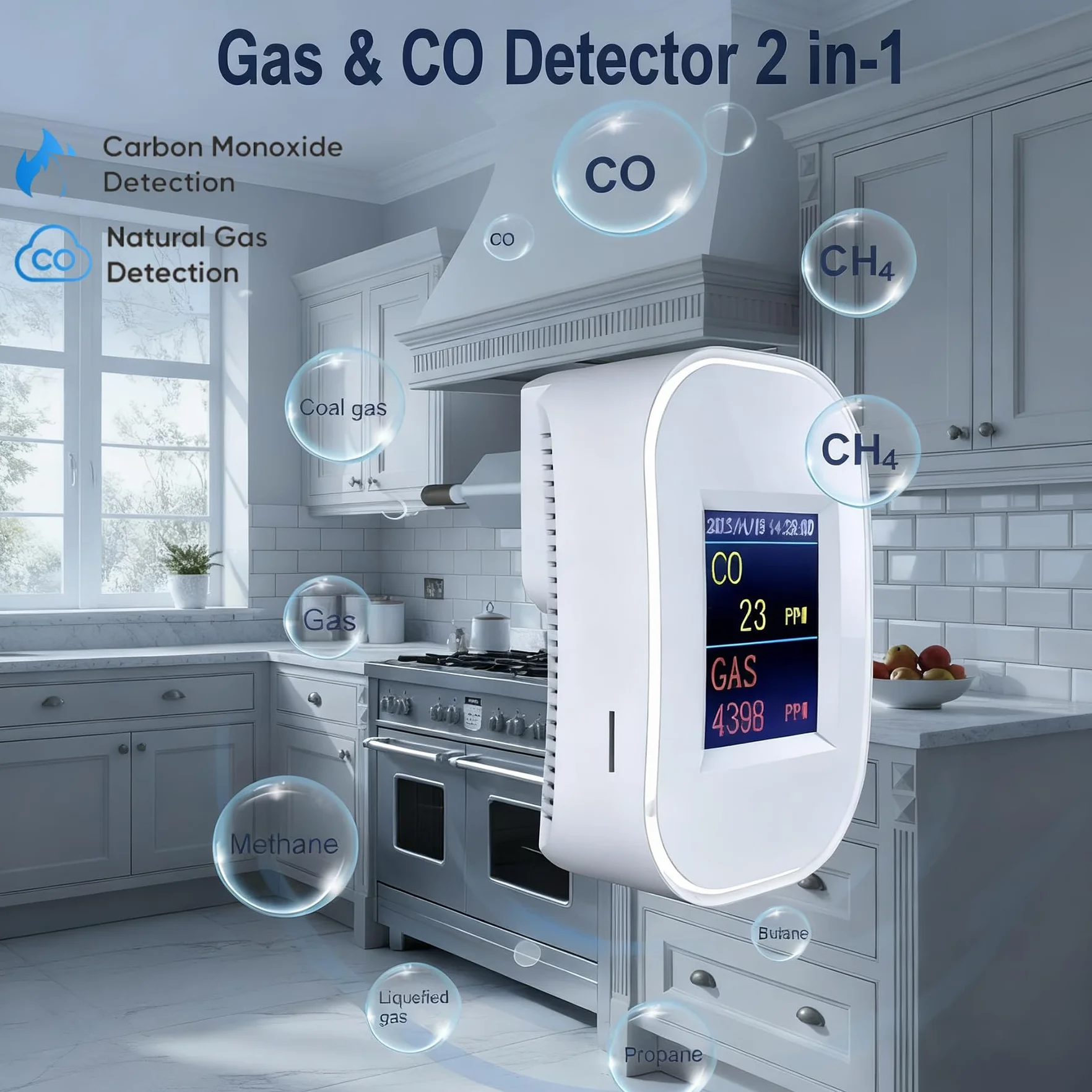 WLAN Kohlenmonoxid- und Gasmelder mit Stecker, Gasmelder Haus mit App-Steuerung, Kohlenmonoxid Melder mit LED-Display, EN50291 & EN50194 Zertifiziert, CO Melder für Erdgas LPG Propan Butan