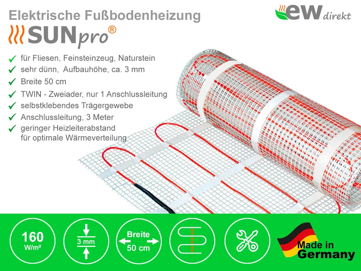 Komplett-Set elektrische Fußbodenheizung SunPro 160 für Fliesen, Naturstein mit Thermostat RT-60 Wlan (5 m² - 0,5 x 10 m)