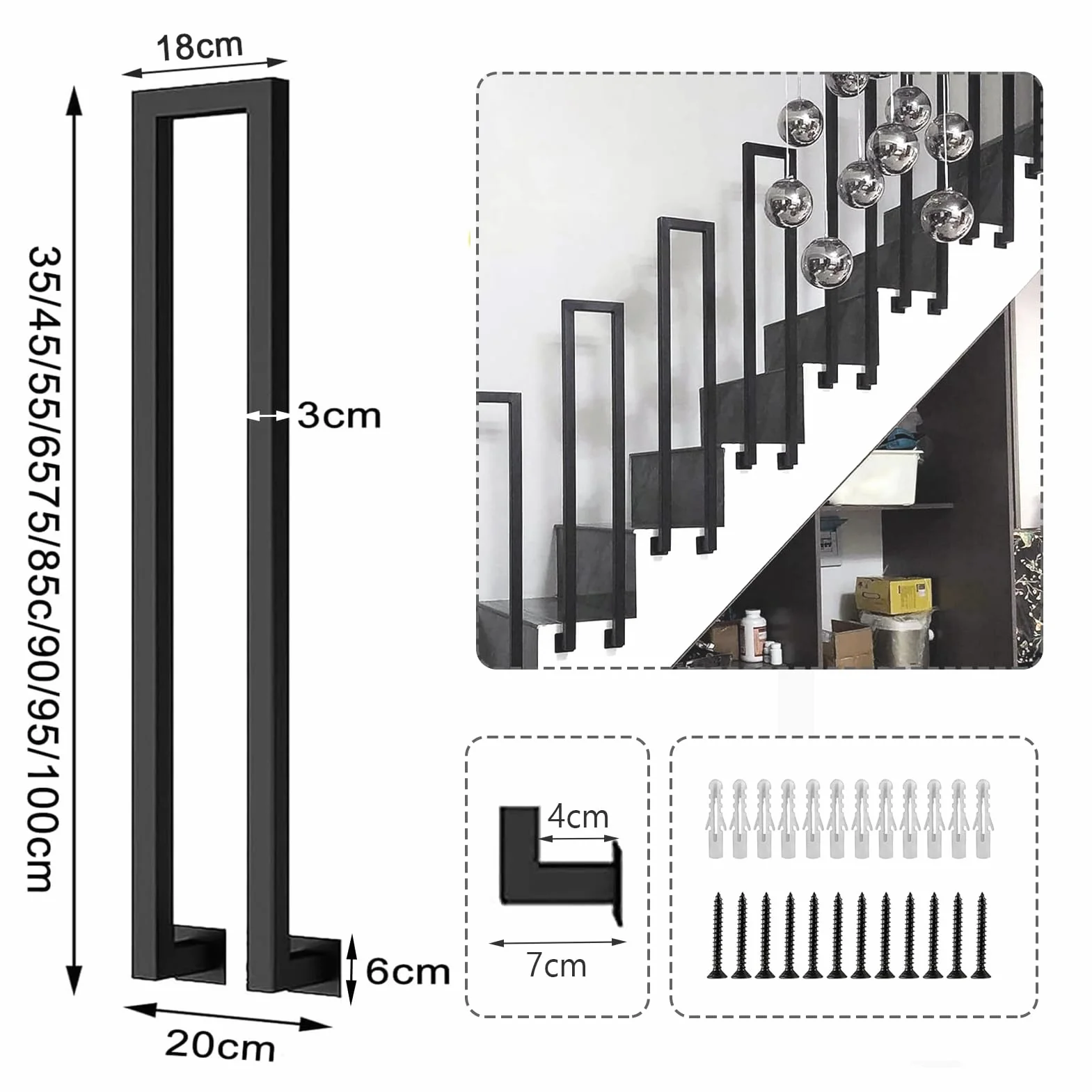 Treppengeländer Schwarz U-förmig Metall Handlauf 95cm Innen Außen