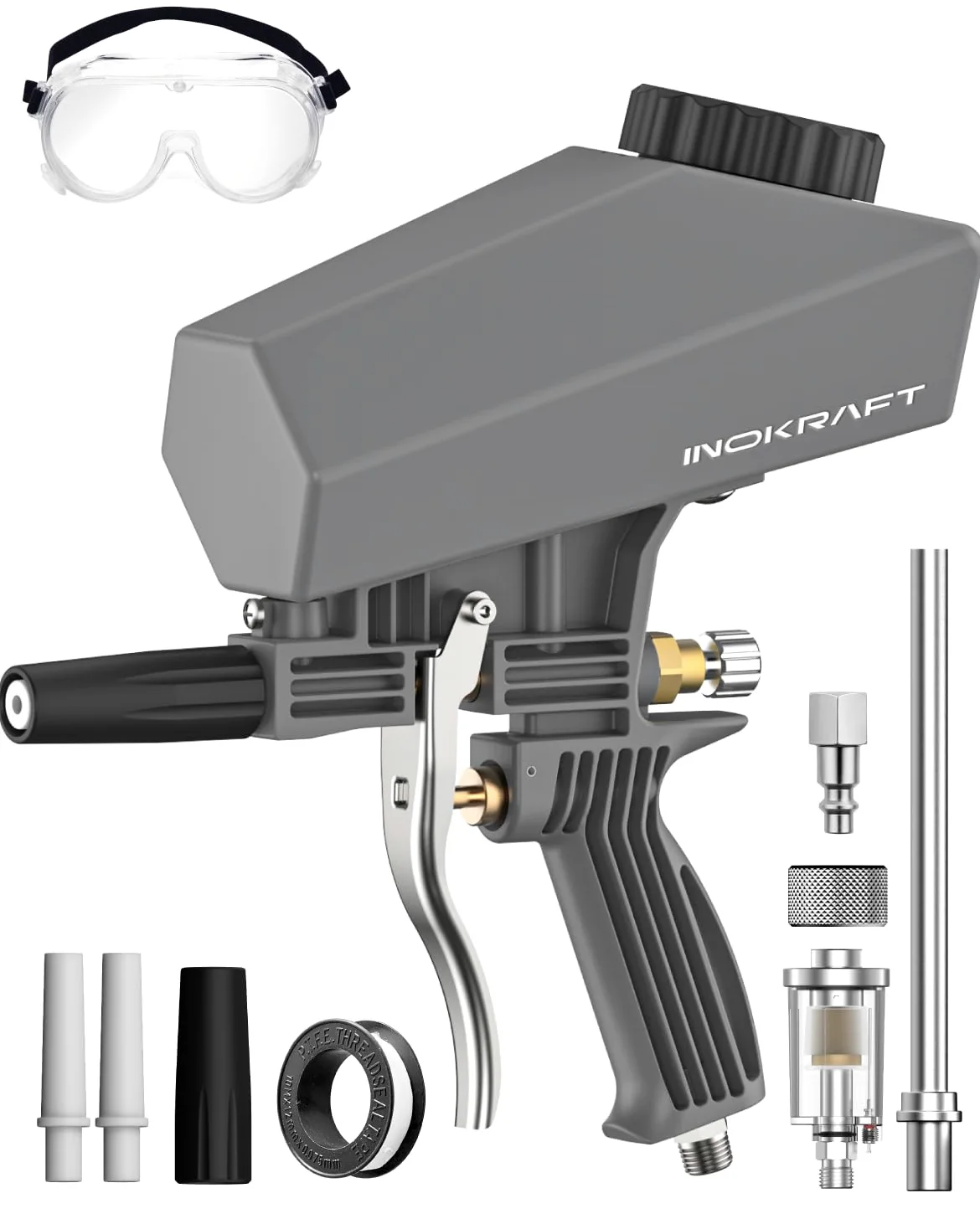 InoKraft Tragbare Sandstrahlpistolen-Set mit Öl-Wasser-Separator und Verlängerungsdüse, Mini-Sandstrahler zur Rost- und Farbentfernung, kompatibel mit Aluminiumoxid, Sand, Walnusschalen und Soda