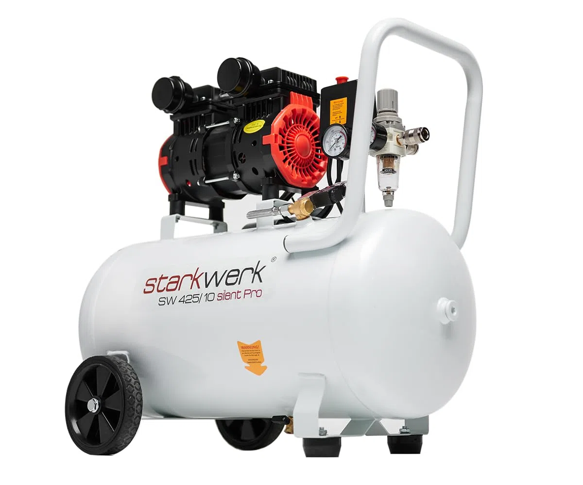 Starkwerk Flüsterkompressor Druckluftkompressor Kompressor Silent 69 dB SW 425/10 Pro Ölfrei 10 Bar 50 Liter Kessel 1100 Watt inklusive Druckminderer und Wasserabscheider