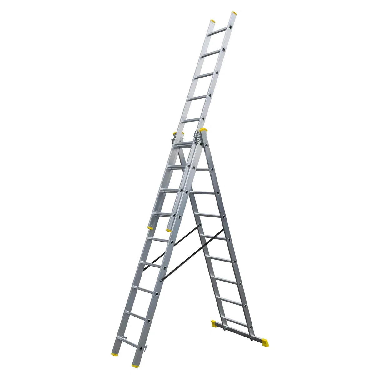 Bayersystem BS-DW 3x9 Mehrzweckleiter, 3x9 Sprossen, 3-teilige Alu-Kombileiter, bis 150 kg belastbar, max. Arbeitshöhe 6,01 m, Klappleiter, Multifunktionsleiter, Stehleiter, Silber/Gelb
