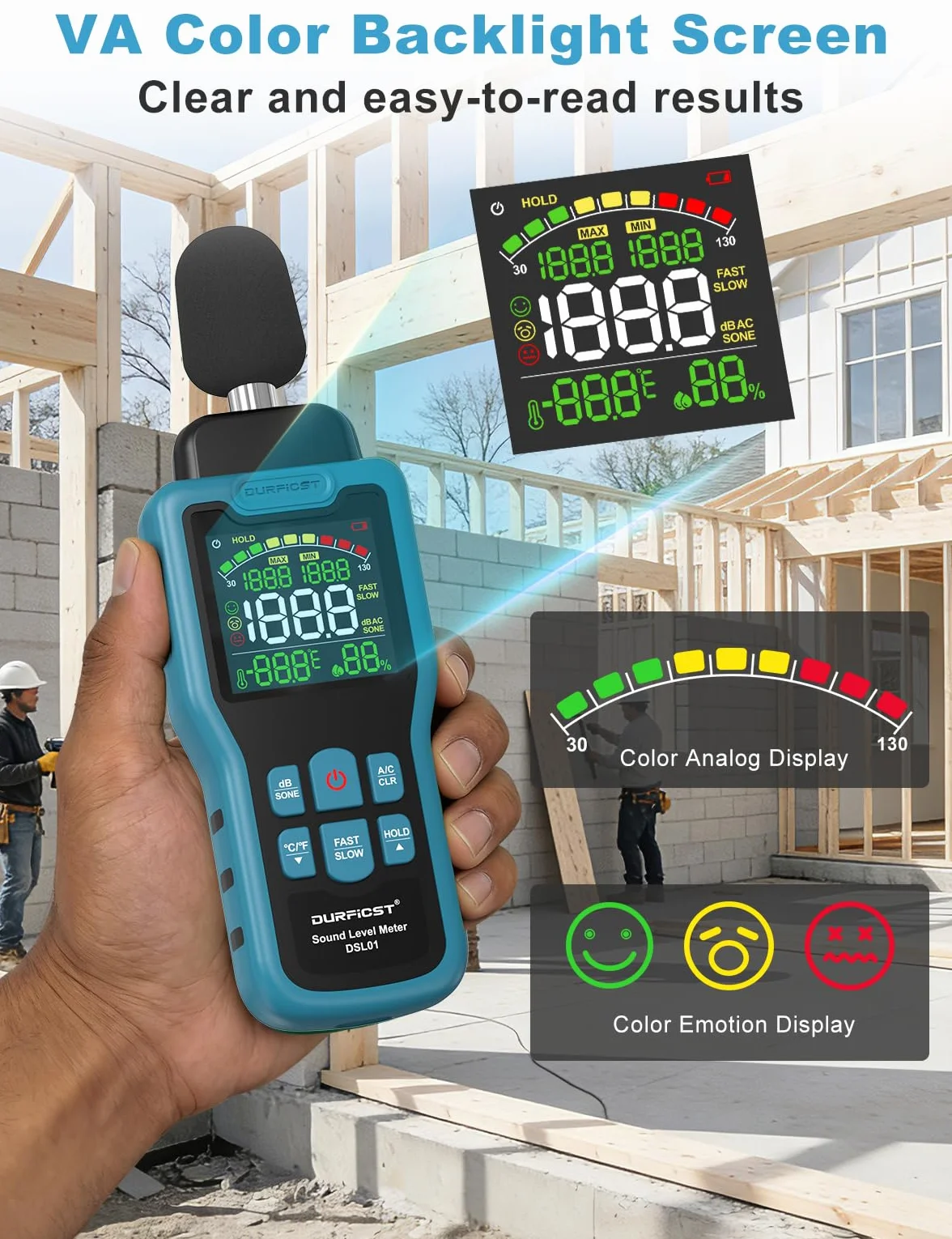 Dezibel Messgerät, DURFICST Schallpegelmessgerät mit Temperatur- und Feuchtigkeitsanzeige, 30–130dB, DB Messgerät mit LCD-Farbdisplay, AC-Bewertung, dB/SONE-Einheit, Schnelle/Langsame Ansprechzeit
