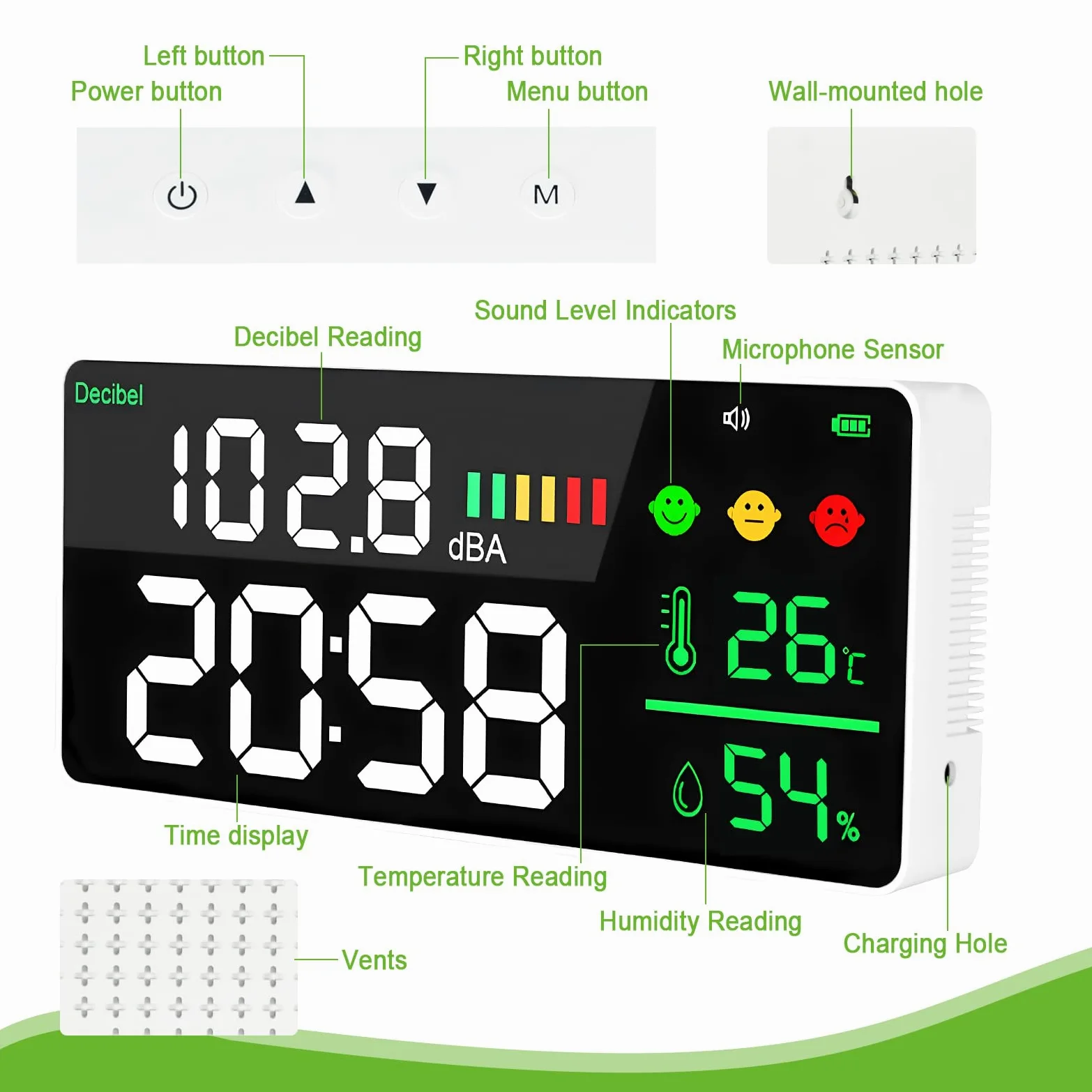 4-in-1 Digitales Dezibel-Schallmessgerät, LED-Farbbildschirm mit Geräusch, Zeit, Temperatur und Luftfeuchtigkeitsanzeige, 30-130 Dba, Schallpegelmesser für Büro, Fabrikhalle, Krankenhaus, Wandmontage