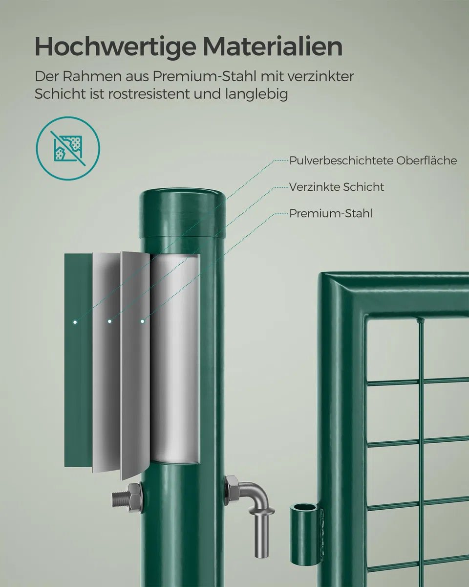 SONGMICS Gartentor, Gartentür, verzinkter Stahl, robust und langlebig, abschließbar, rundes Rohr, Tür 87 x 100 cm, 106 x 100 cm (B x H), grün GGD150G01