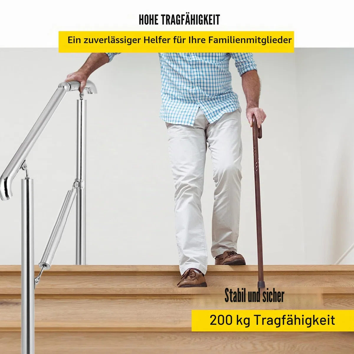 Happybuy Treppengeländer 5 Stufen, Handlauf Edelstahl mit Pfosten, Verstellbare Eingangsgeländer Silber 1,6 m