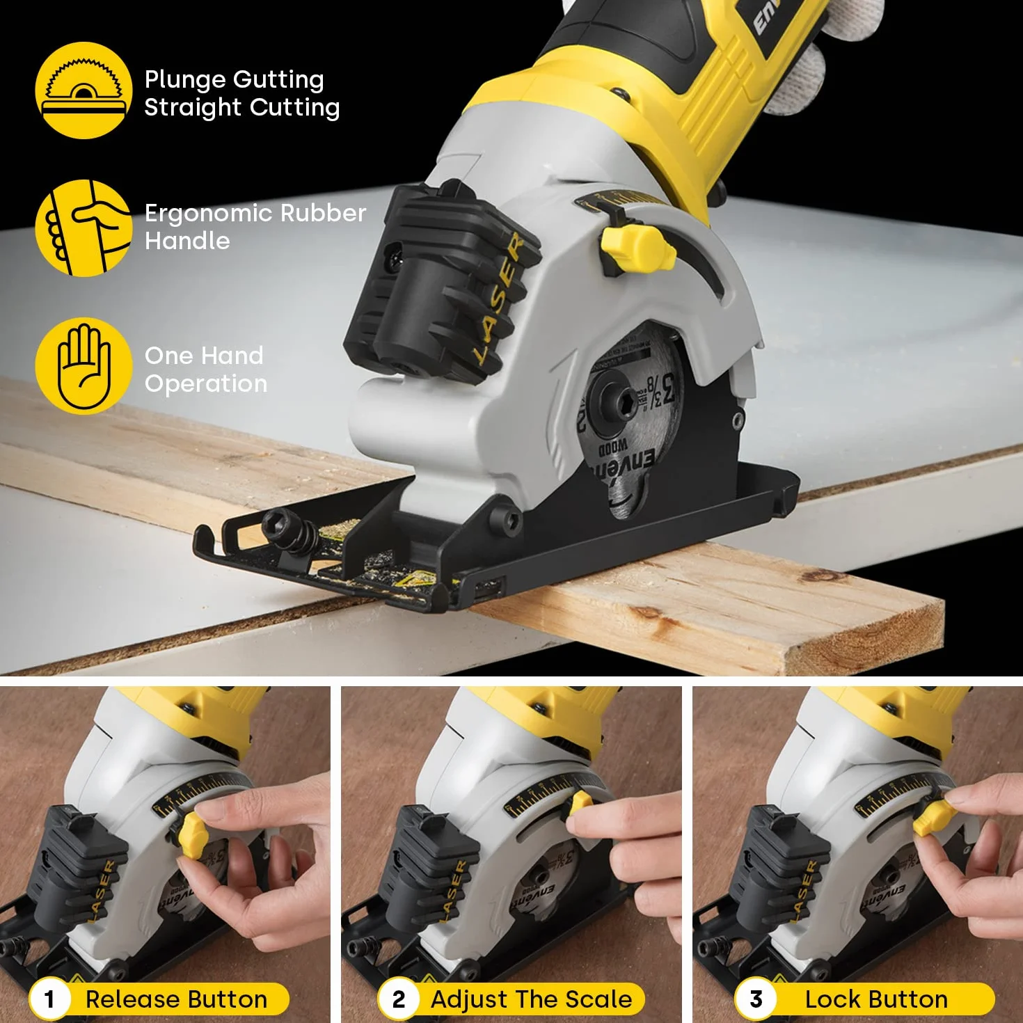 Enventor Mini Kreissäge 580W, Mini Handkreissäge mit Skalenlineal & Laserführung, 4000RPM, Einhändiges Halten, 3 Sägeblätter, für Holz, Fliesen, Kunststoff und dünne Metalle