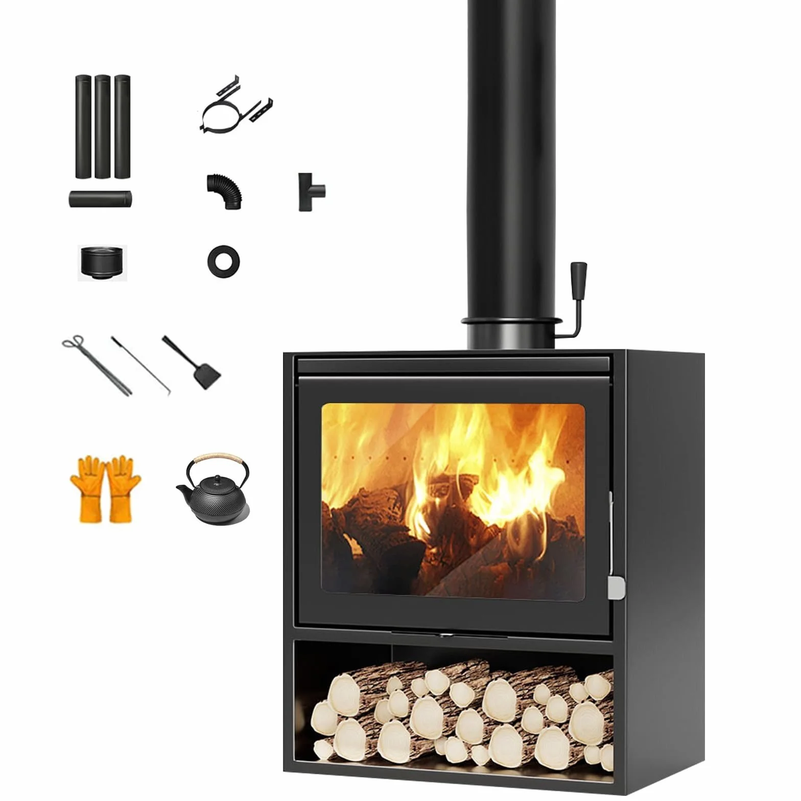 Echter Kaminofen mit Holzaufbewahrung, Vintage, freistehend, für den Innenbereich, Retro-Heizung, Glas, Ansicht, Holzofen, Flamme, Kamin, Schwarz, 50 cm
