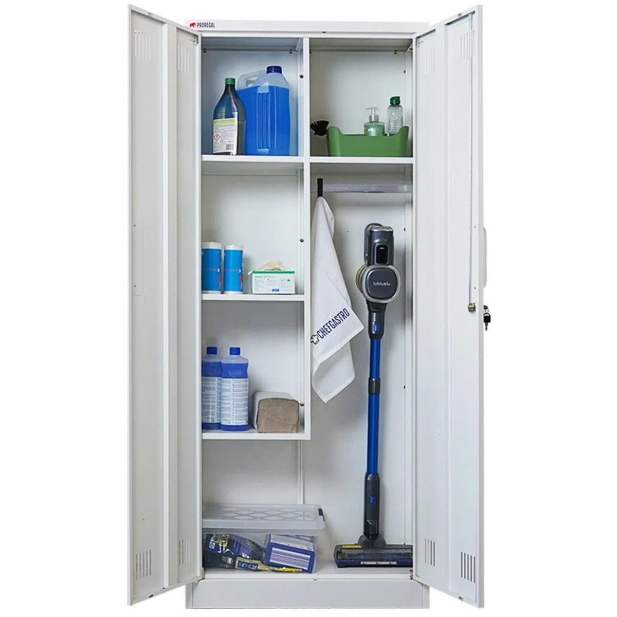 PROREGAL Putzmittelschrank Rhino Metall 2 Türen abschließbar Besenschrank schmal 170x70x30cm 5 Fächern & Kleiderstange Stahl Weiß Putzschrank Mehrzweckschrank Haushaltsschrank Flügeltürenschrank