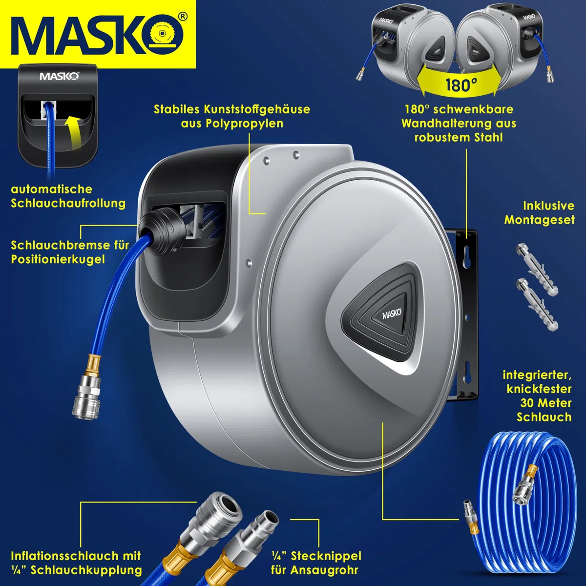 MASKO® Automatik Druckluftschlauch Aufroller 30m – Schlauchtrommel mit 1/4" Anschluss, Schlauchaufroller, Wandhalterung, Tragegriff, 180° schwenkbar, Schlauchbremse, vormontiert/sofort einsatzbereit