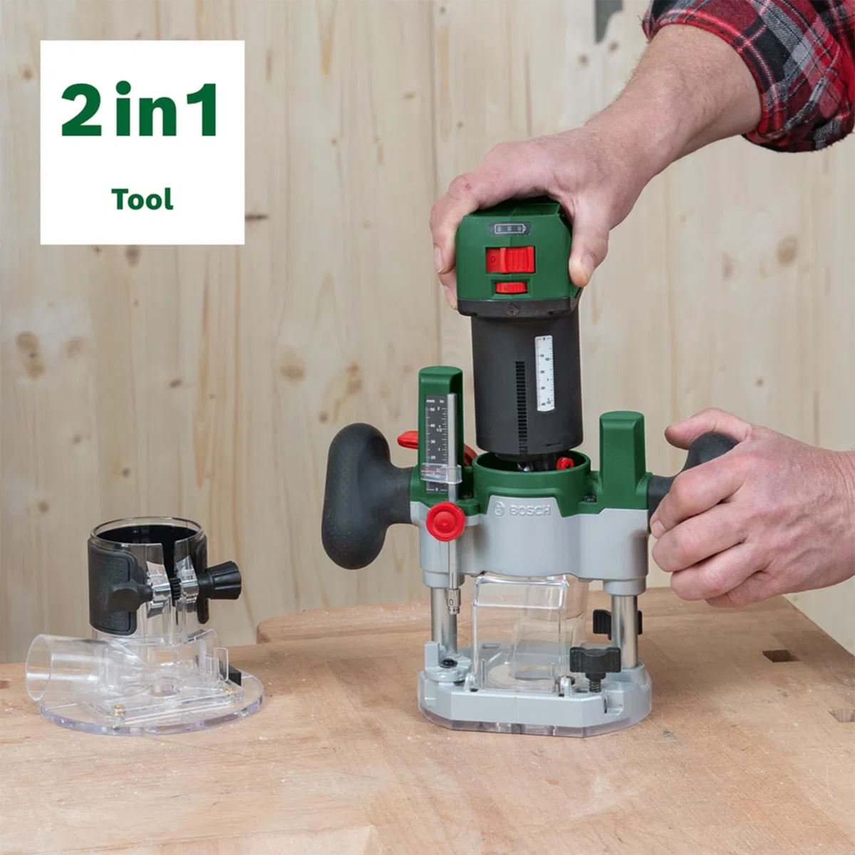 Bosch 2in1 Akku-Kanten-/Oberfräse AdvancedTrimRouter 18V-8 (zum Fräsen von Kanten, Nuten und kreativen Motiven; inkl. 2 Fräskörben + Zubehör, 18 Volt System; Bürstenloser Motor; in SystemBox M)