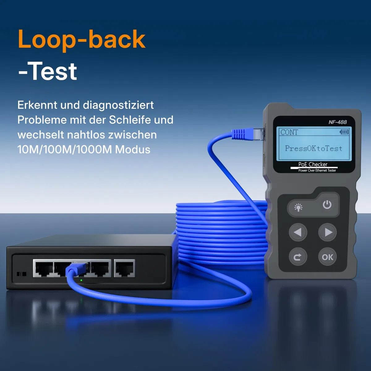 Mcbazel Netzwerk RJ45 Tester mit LCD Display, Netzwerk Kabeltester mit POE-Funktion