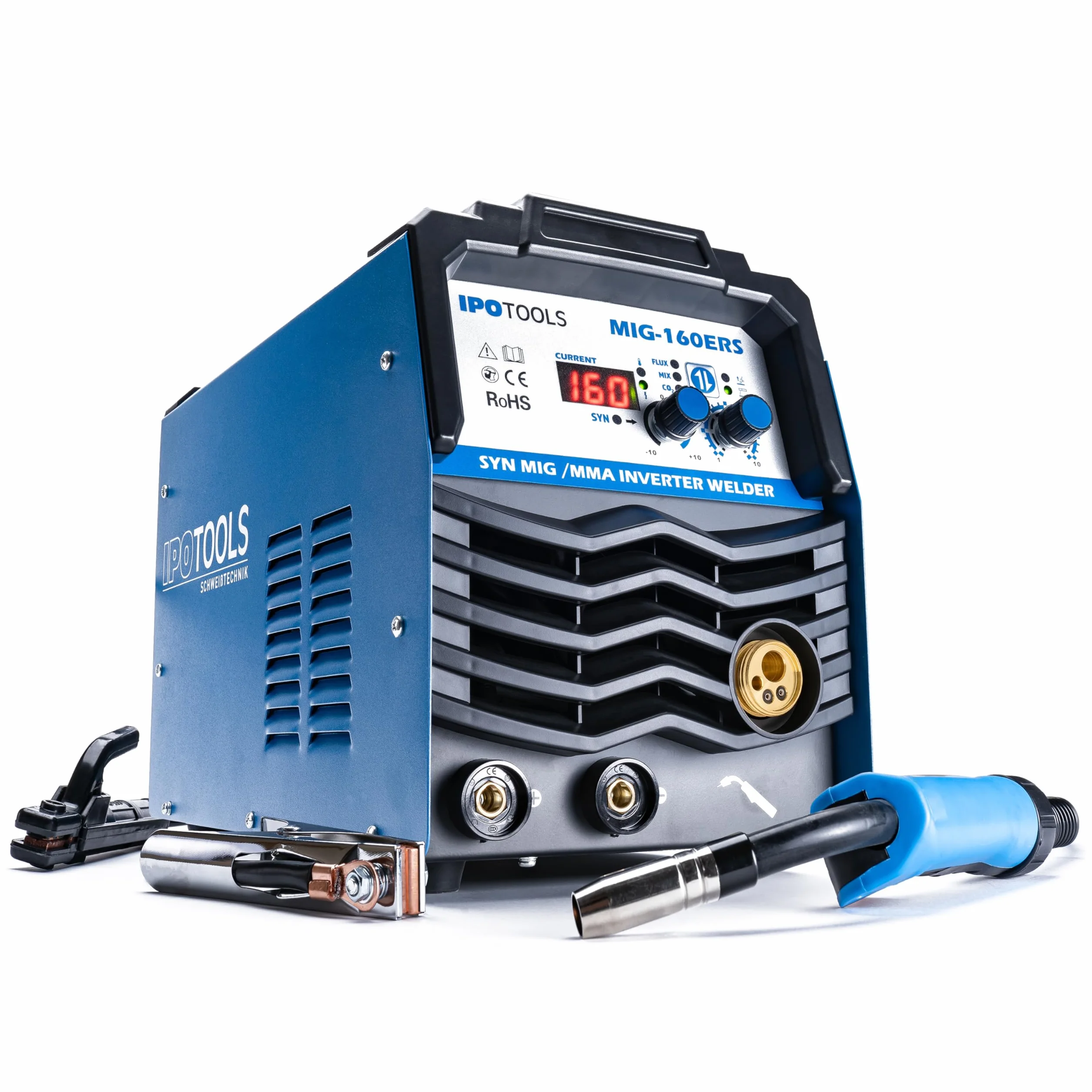 IPOTOOLS MIG-160ERS 5in1 MIG MAG Schweißgerät - Schutzgas Schweissgerät mit 160 Ampere Inverter FLUX/Fülldrahtschweißgerät ohne Gas Elektroden/E-Hand geeignet/Digital/IGBT / 230V / 7 Jahre Garantie