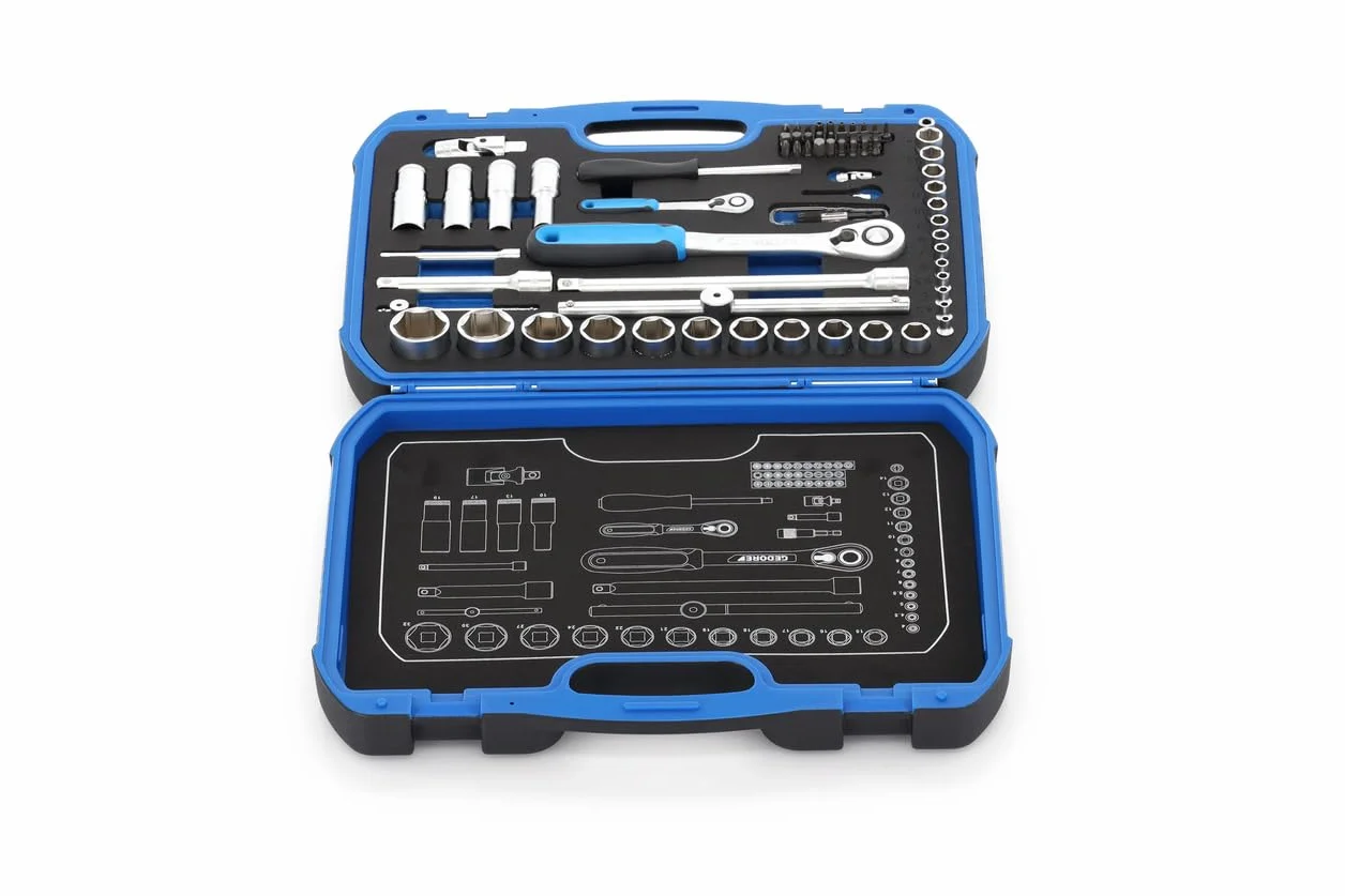 GEDORE Steckschlüsselsatz, Set 69-teilig, 1/4 + 1/2 Zoll, Werkzeug, Nüsse Knarre Bits, für KFZ, 19 BMC 20, Blau