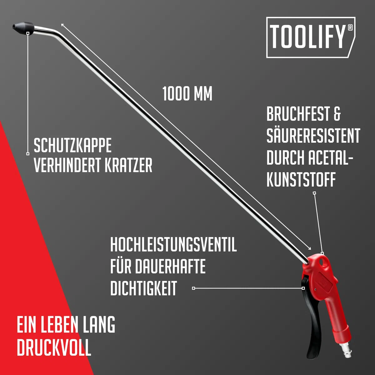 Druckluftpistole lang 1000 mm | max 16 bar | lange Ausblaspistole mit Edelstahlrohr, Schutzkappe, Druckluftnippel, bruchfestes POM Gehäuse | hohe Luftmenge für Profi-Reinigungen