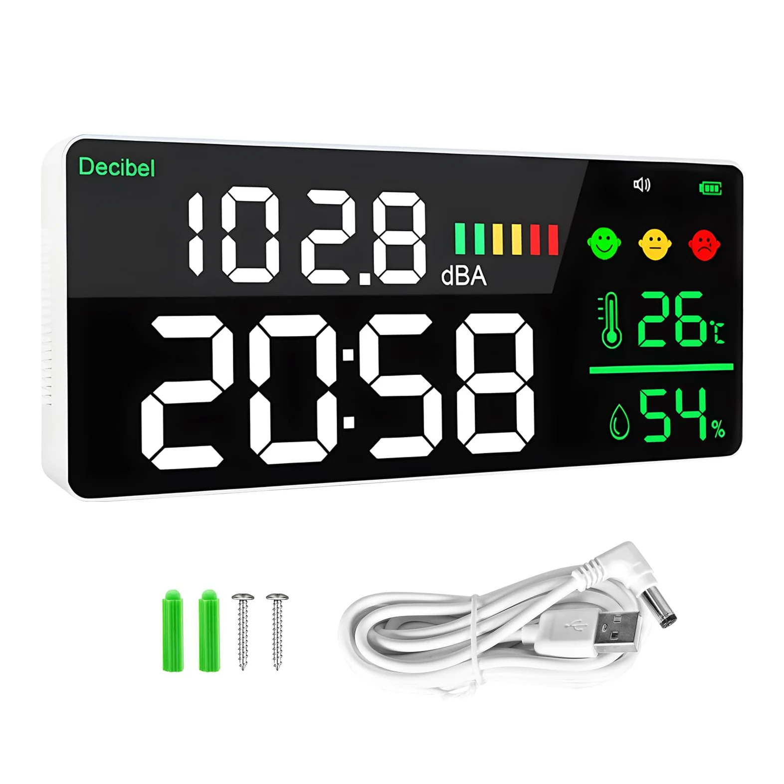 4-in-1 Digitales Dezibel-Schallmessgerät, LED-Farbbildschirm mit Geräusch, Zeit, Temperatur und Luftfeuchtigkeitsanzeige, 30-130 Dba, Schallpegelmesser für Büro, Fabrikhalle, Krankenhaus, Wandmontage
