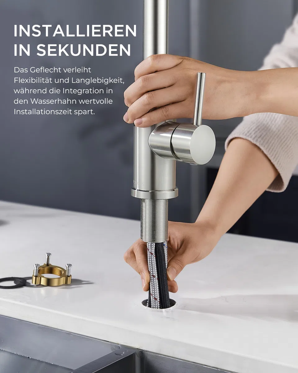 FORIOUS Wasserhahn Küche, Küchenarmatur Ausziehbar mit Brause, Spültischarmatur Küche, L-förmiger Edelstahl Mischbatterie Armatur, Zwei Sprühfunktionen, 360° Schwenkbar