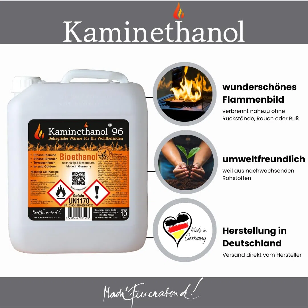 Icking Bioethanol 96,6% 30 Liter (3 x 10 L) | Premium Qualität - direkt vom Hersteller für Ethanol Kamine, Alkohol-Brenner, Terrasenfeuer, Raumfeuer und Gartenfackeln