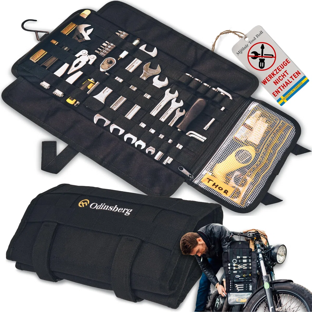 Odinsberg Heavy Duty Tool Roll Werkzeugrolle für Motorrad - Werkzeugtasche ohne Inhalt mit Taktischem MOLLE System, 56 elastische Schleifen und Innentasche, um Ihre Werkzeugmappe zu verwalten