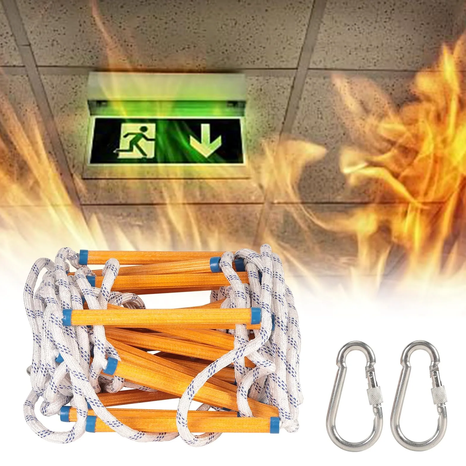 Strickleiter 25m Feuerleiter Fluchtleiter,Feuerfeste Rettungsleiter mit 2 Haken,Notleiter Mehrzweckleiter Feuerleiter,für Balkon Geländer Baumhaus