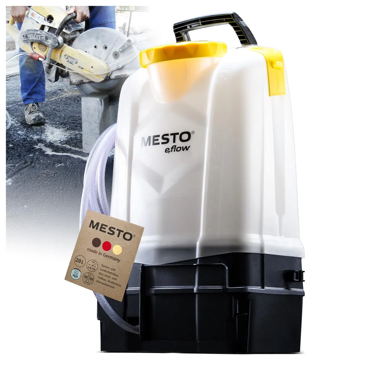 MESTO e.AQUA 20 L Akku-Wasserbehälter | Wassertank mit Pumpe & 4 m Schlauch | Für Bau Garten & Diamanttechnik | Ohne Akku & Ladegerät