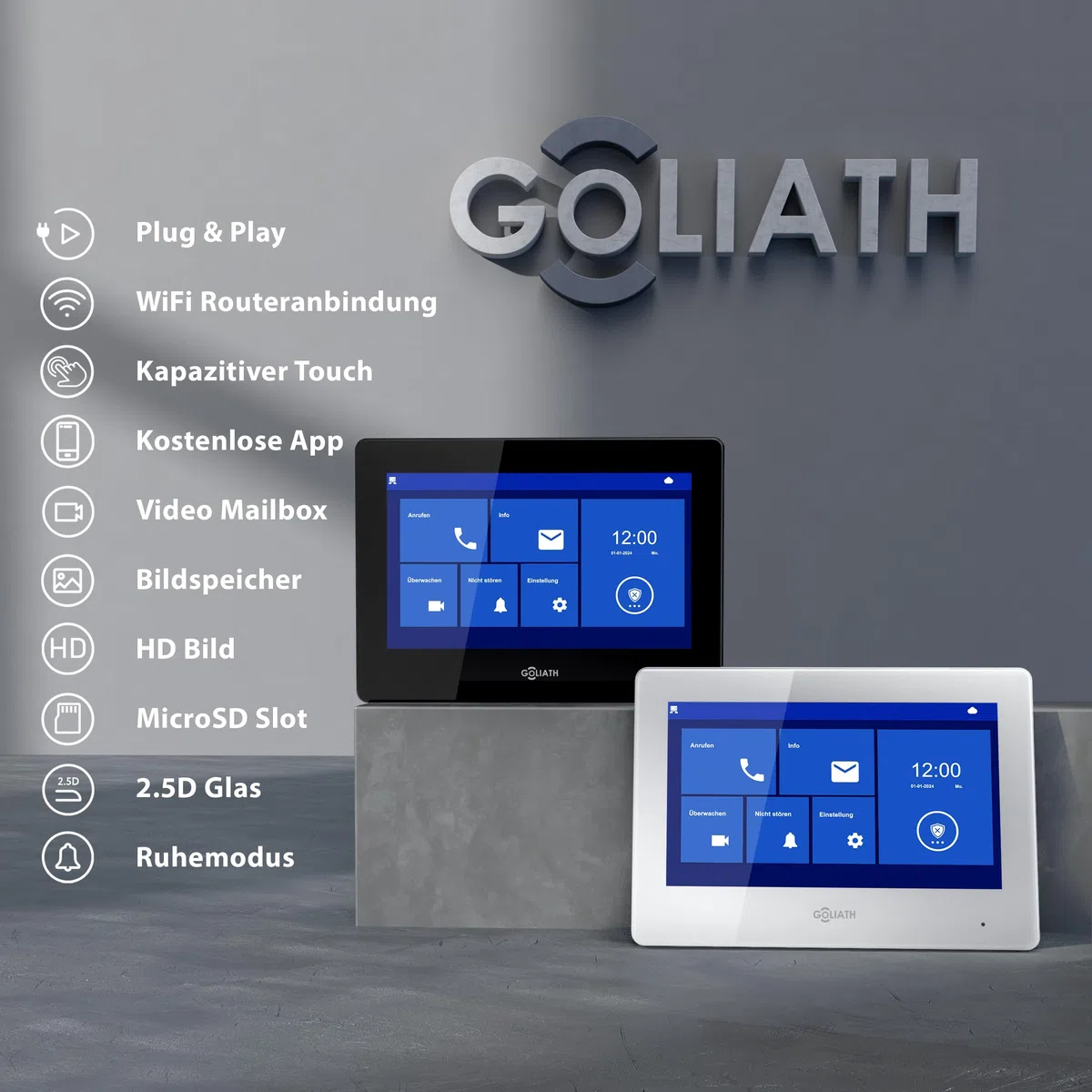 Goliath Basic Video Türsprechanlage, 2 Draht Bus, 7" Monitor, Unterputz Türklingel mit Kamera, Gegensprechanlage mit Türöffner und Klingel, 1 Familienhaus, Plug & Play, Smartphone App