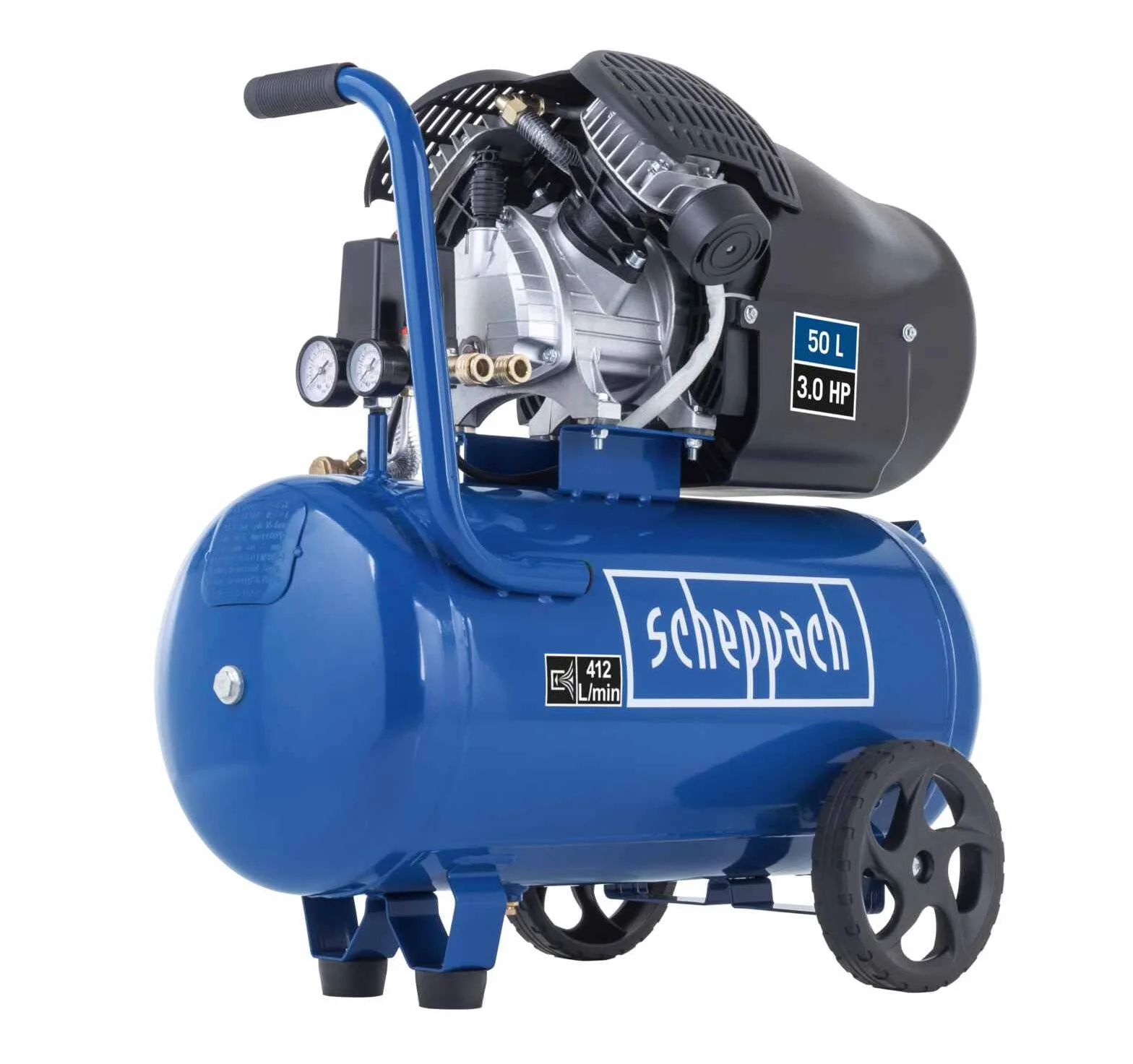 Scheppach Druckluft Kompressor HC53DC | 2200W Leistung | 50L Kessel | 10bar Druck | Ansaugleistung 412 L/min | Druckminderer, ölgeschmiert, Doppelzylinder