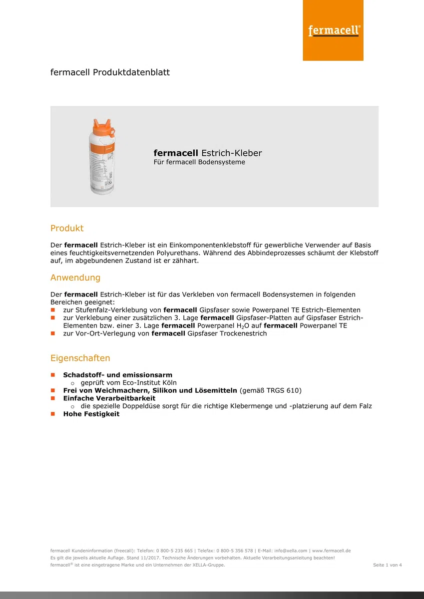 Fermacell Estrichkleber 1 kg, Polyurethan, Paste, Bodenkleber, für fermacell Bodensysteme, Braun