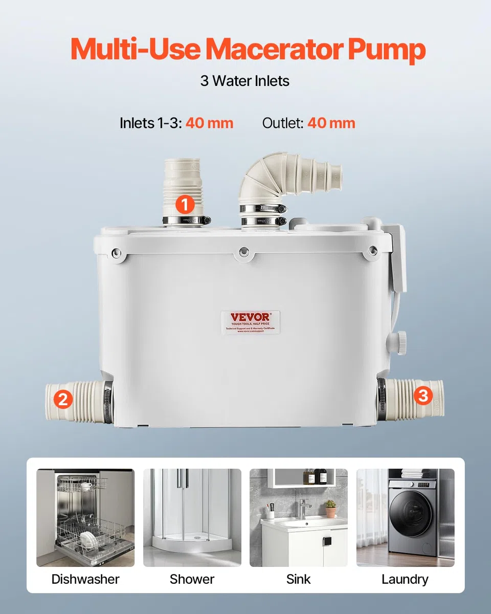 VEVOR Hebeanlage, 500 W, 110 L/min Durchfluss, 8 m Förderhöhe, Schmutzwasserpumpe mit 4 Wassereinlässen, Abwasserhebeanlage für Küche, Keller, Dusche, Waschbecken, Waschküche, Badewanne