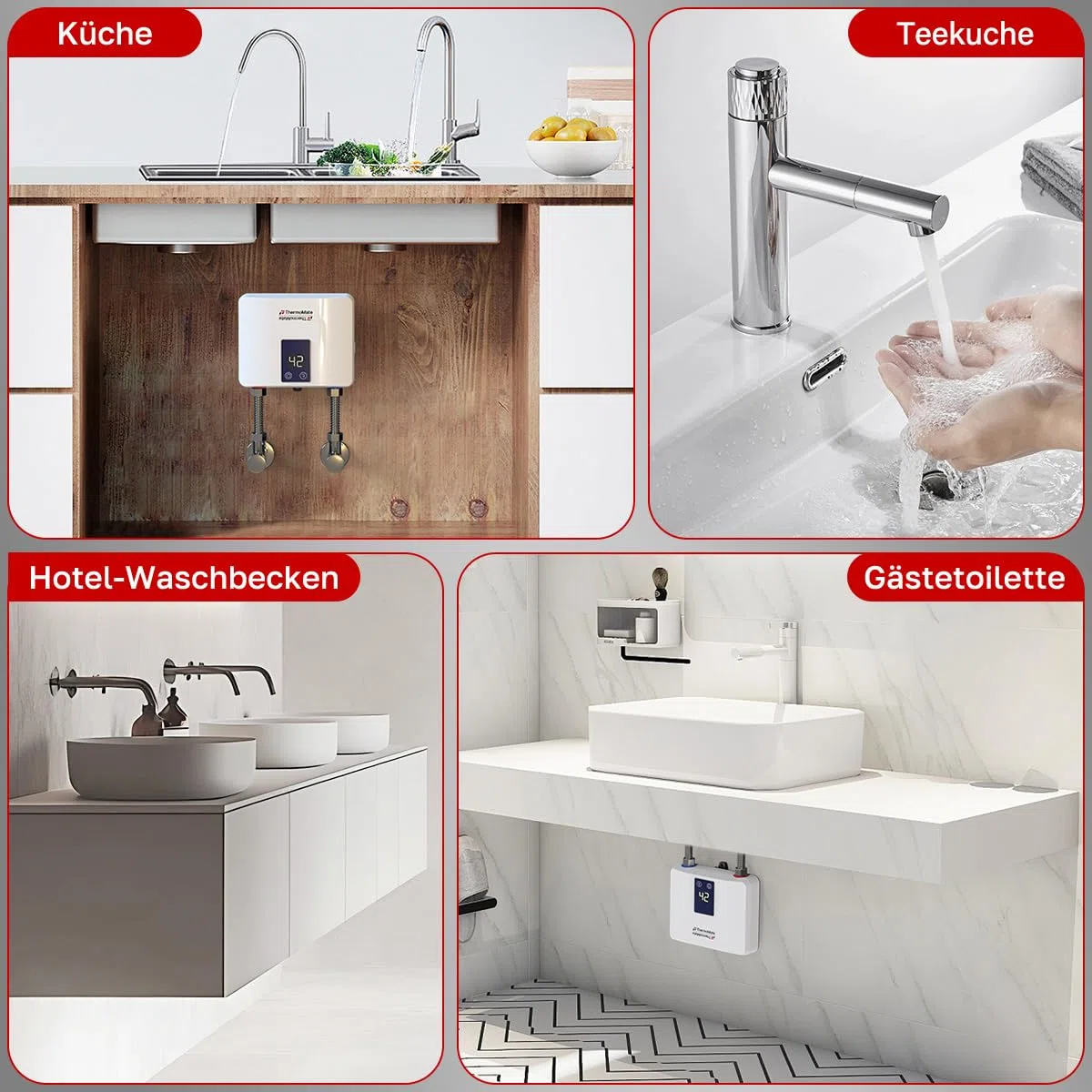 ThermoMate Mini Durchlauferhitzer 3,5kW für Handwaschbecken,elektrisch Klein Warmwasserbereiter für Küche und Badezimmer, Druckfest, Platzsparend mit Stecker, 230V